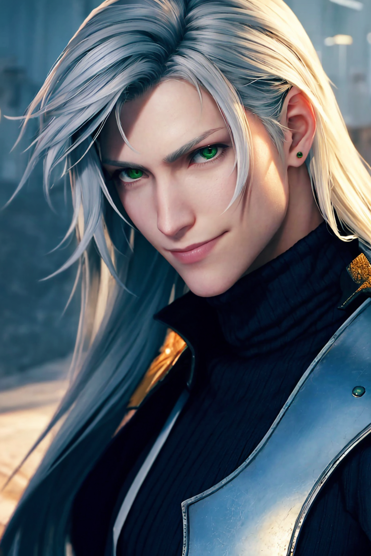 ff7r style,
long hair, male focus, solo, 1boy, shoulder armor, armor, blurry background, blurry, green eyes, closed mouth,...